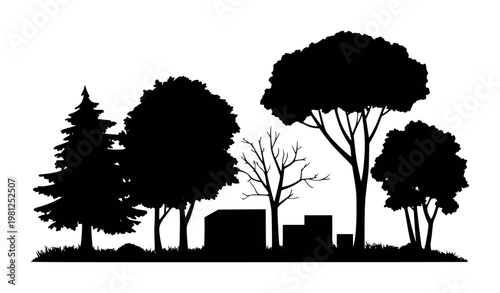 Black silhouette forest landscape with diverse trees and geometric shapes white background
