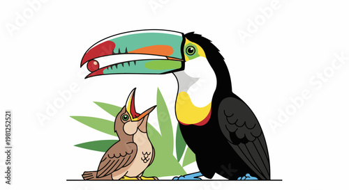 Cartoon toucan feeds a baby bird a red berry in lush greenery
