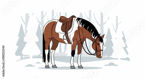 Brown and white horse with saddle in a snowy winter forest setting