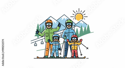 Cheerful family enjoying a sunny day on the ski slopes with mountains and chairlifts