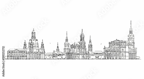 Black and white sketch of a majestic city skyline with grand architectural structures