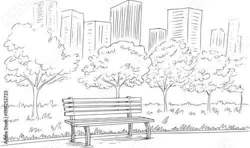 Of a park bench in a city park with buildings and trees in the background, urban