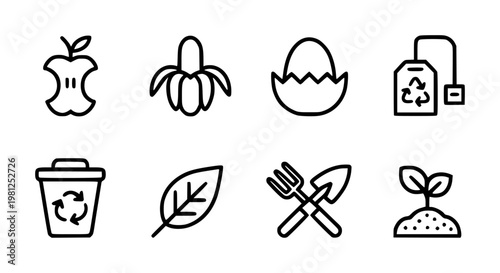 Set of black outline representing composting and organic waste, a white background
