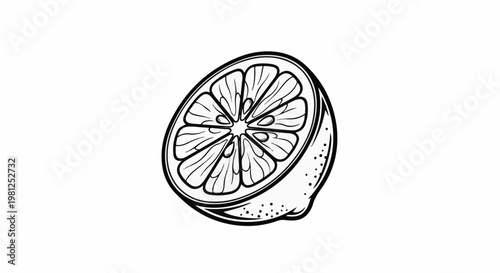 Black and white sketch of a halved citrus fruit with visible segments and pulp