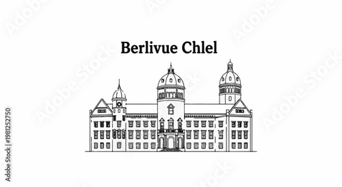 Black and white sketch of a grand building with domes and multiple windows