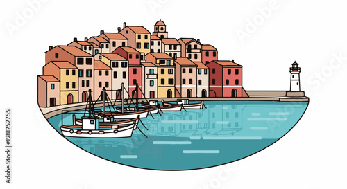 Colorful seaside town with boats docked in a bay and a lighthouse