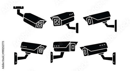Various security cameras displayed in a flat black silhouette