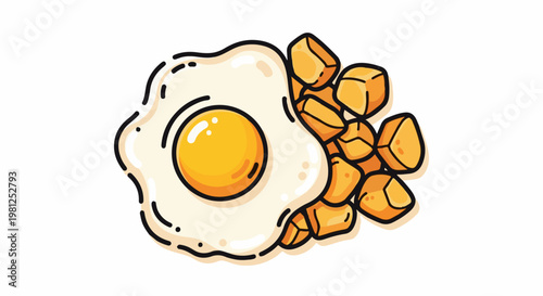 Cartoonish fried egg with a pile of golden potato cubes