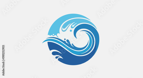 Circular blue wave with water splashes and light blue foam accents