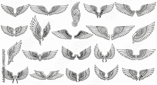 Collection of hand-drawn angelic and decorative wing illustrations