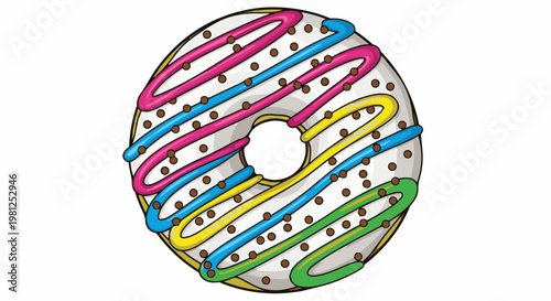 Cartoonish sweet treat with white icing and colorful swirls