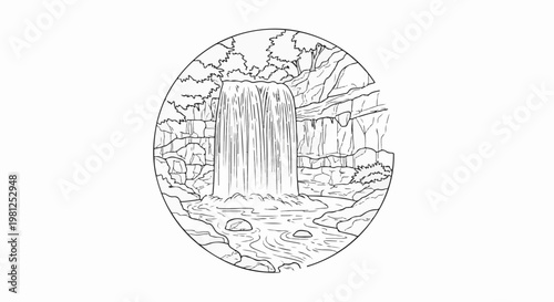 Black and white sketch of a cascading waterfall in a rocky forest setting