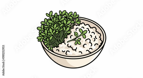 Bowl of white grains topped with fresh green sprouts