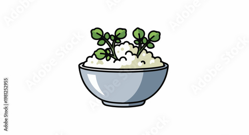 Bowl of white fluffy food topped with green leafy sprouts