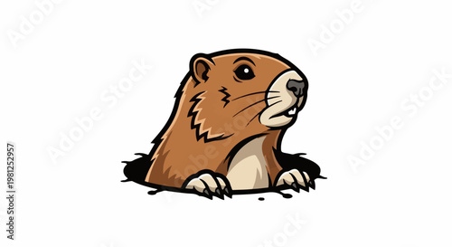Brown cartoon groundhog emerges from a hole, looking curious