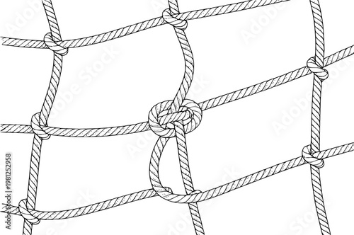 Detailed of a nautical rope net with knots a white background, marine