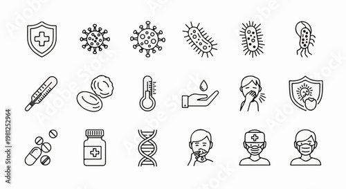 Collection of medical and health icons depicting viruses, illness, protection, and care