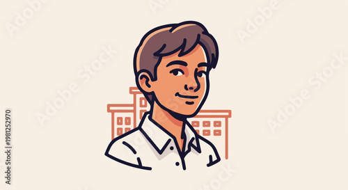 Cheerful young person wearing a white collared shirt, portrait in front of buildings