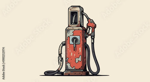 Cartoonish, weathered gas pump with chipped red paint and rust spots