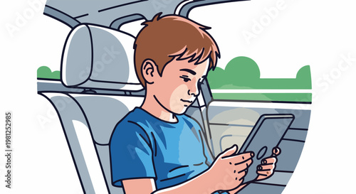 Boy engrossed in tablet while riding in car on a sunny day