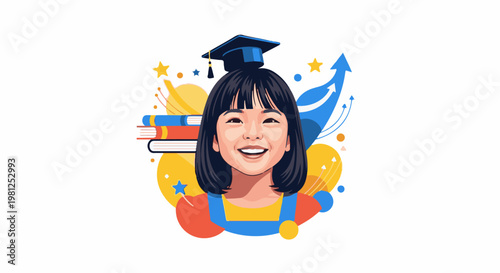 Cheerful young scholar with graduation cap and stack of books