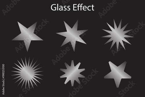 Six starburst and star shapes with a metallic glass effect on black background