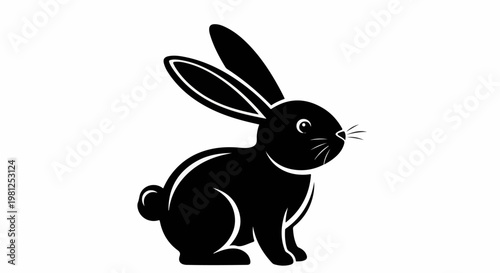 Black silhouette of a rabbit with long ears, sitting and looking to the right