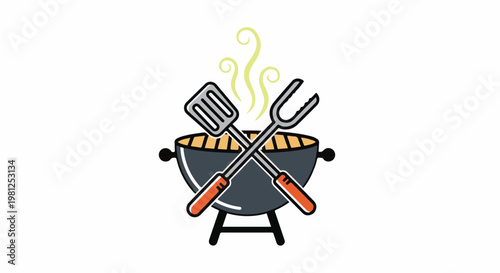Cartoon grill with crossed spatula and fork, emitting smoke