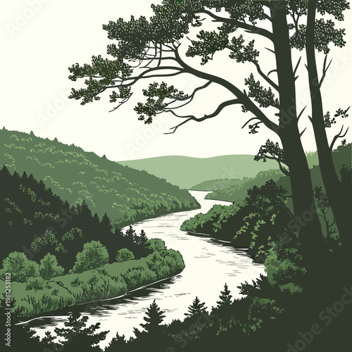 A serene landscape depicts a winding river flowing through a lush green valley framed by majestic trees and rolling hills high quality