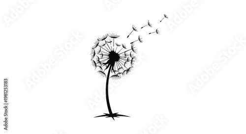 Black silhouette of a dandelion with seeds dispersing in the wind