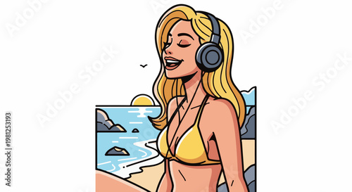 Blonde woman in yellow bikini listening to music with headphones at the beach