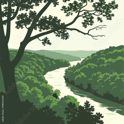 A stylized illustration depicts a lush green river valley winding through rolling hills and dense forestation framed by tree branches high quality