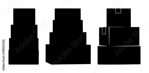 Cardboard boxes set with solid black icon design featuring shipping, storage, parcel with delivery and commerce
