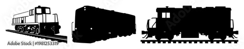 Rail freight train icon set with solid black illustration on a white background featuring freight, rail, transportation with line art and graphic design