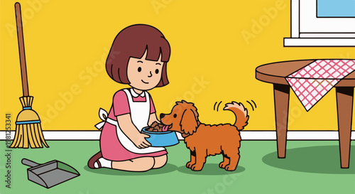 Child caring for dog, cleaning supplies nearby
