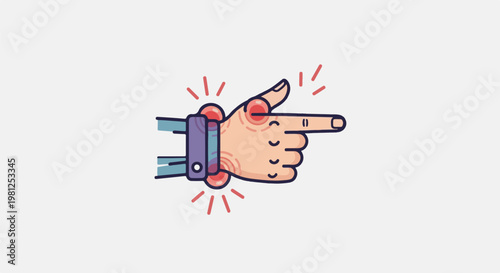 Cartoon hand wearing wrist brace points right, showing pain
