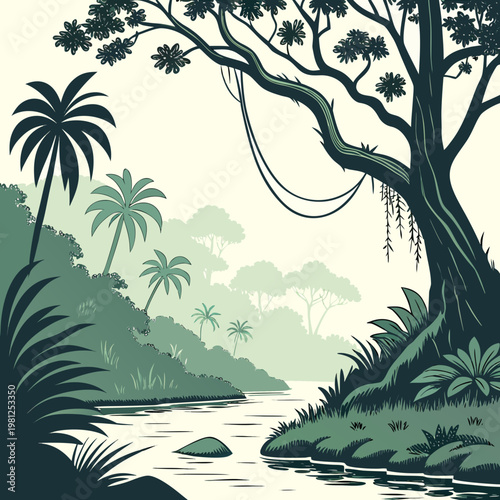 A serene and picturesque landscape depicts a lush jungle scene with a winding river flowing through dense vegetation high quality professional detailed