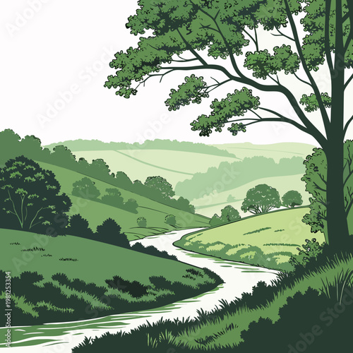 A serene landscape depicts rolling green hills a winding river and lush trees creating a peaceful and idyllic natural scene high quality