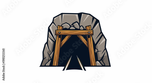 Cartoon mine entrance with wooden supports and dark tunnel