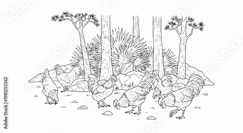 Chickens forage among rocks and sparse trees in a stylized line drawing