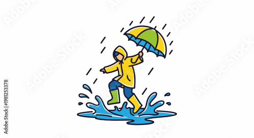 Child in yellow raincoat jumps in puddle with umbrella in rain