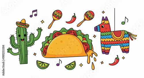 Cartoon Mexican fiesta scene with a dancing cactus, taco, piñata, maracas, peppers, limes