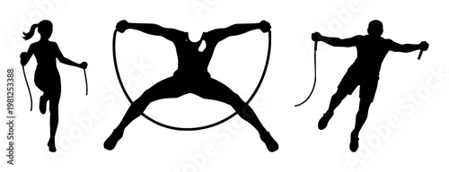Jump rope set with simple black icon on white background featuring fitness, exercise, cardio with silhouette and single rope