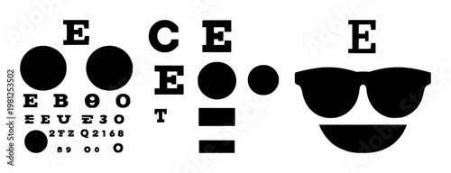 Eye exam chart set with solid black icon on white background featuring ophthalmology, eye chart, medical icon with vector design and monochrome