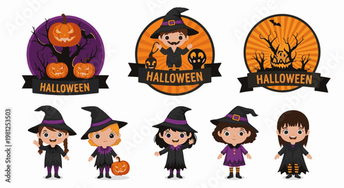 Cartoon Halloween scenes with spooky pumpkins, trees, bats, and costumed children