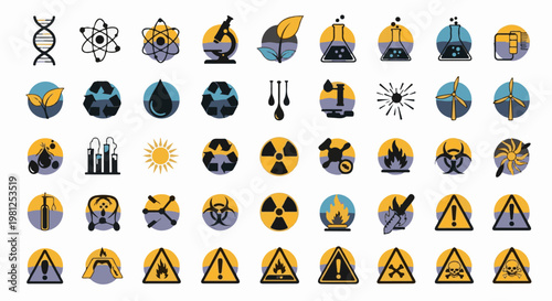Collection of scientific and hazard warning icons in circles