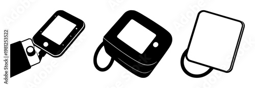 Digital blood pressure cuff set with solid black icon on white background featuring medical, healthcare, illustration with vector and iconography