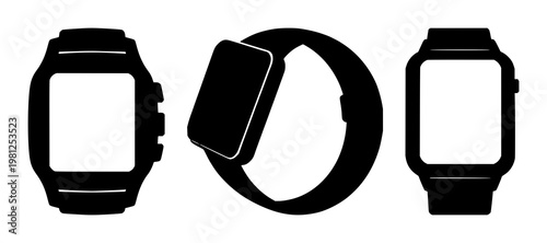 Smartwatch set with solid black icon on white background featuring fitness, wearable, smartwatch with icon design and monochrome