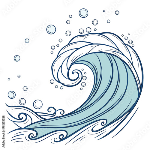 A stylized illustration depicts a powerful ocean wave curling with dynamic lines surrounded by numerous small bubbles in a blue palette