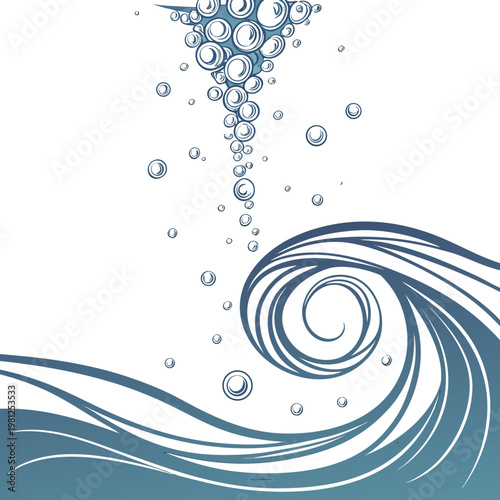 An abstract depiction showcases a swirling wave and a trail of ascending bubbles rendered in a minimalist blue toned style high quality